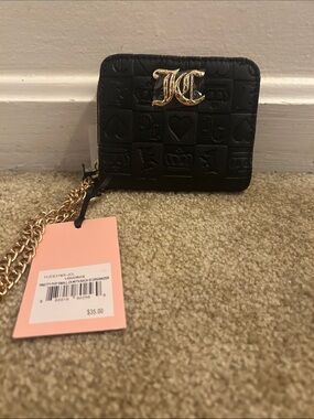 Juicy Couture Black Embossed Mini Wallet Crossbody with Gold Chain